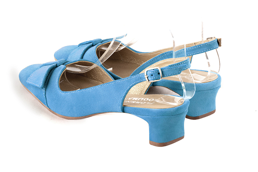 Turquoise blue women's slingback shoes. Square toe. Low kitten heels. Rear view - Florence KOOIJMAN
